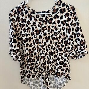 Linen Blend Animal Pattern Short Sleeve V Neck Tie Front Shirt Sz S